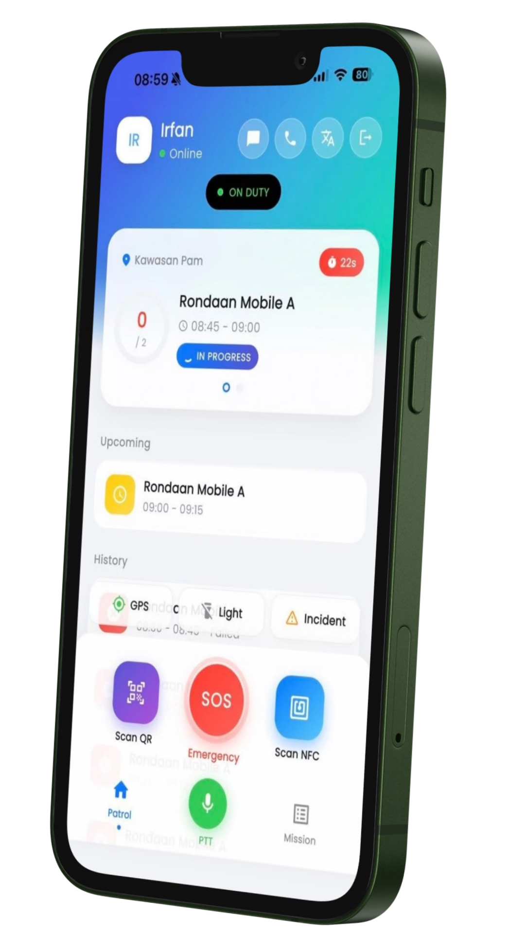 Go Patrol Mobile app running on a phone